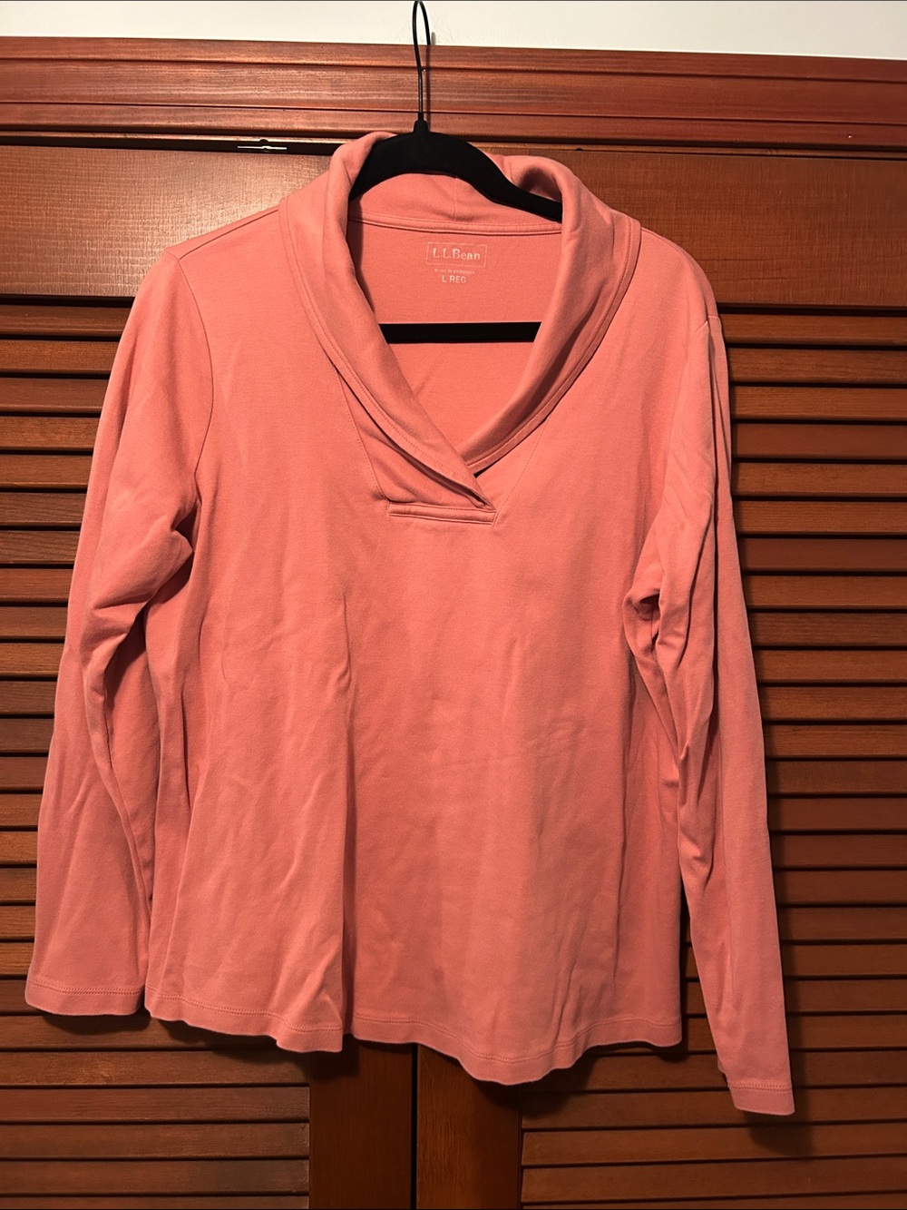 L.L. Bean Coral Pink Long-Sleeve Shawl Collar Top Large